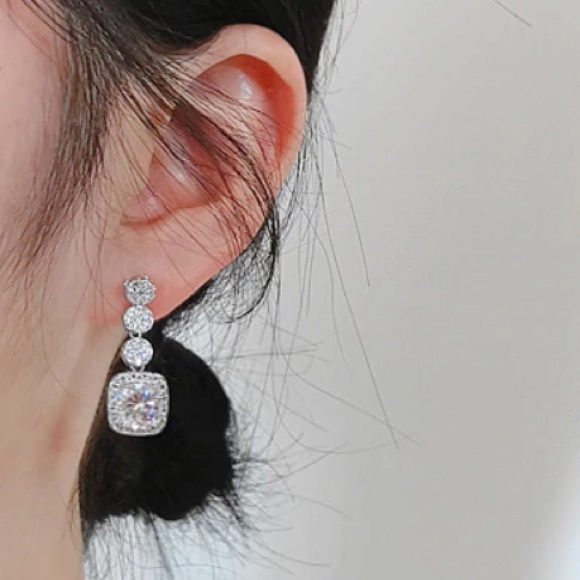 Circle & Square Diamond CZ Drop Dangle Earrings 169 - Picture 4 of 5